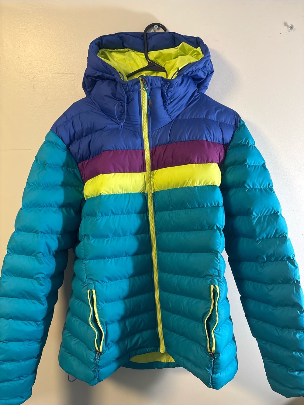 Columbia Women's Teal Blue Hooded Puffer Jacket with Purple and Yellow Accents